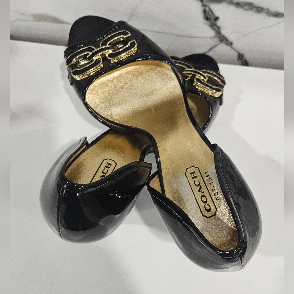 Authentic Coach Black and Gold Belinda Open Toe Heels Pumps US 7.5B - Picture 7 of 11